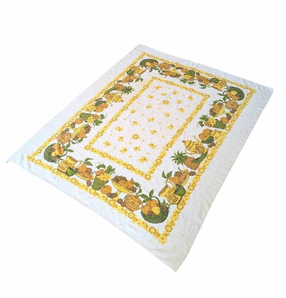 Vintage 70s Fruit cottagecore yellow & green cotton terrycloth tablecloth